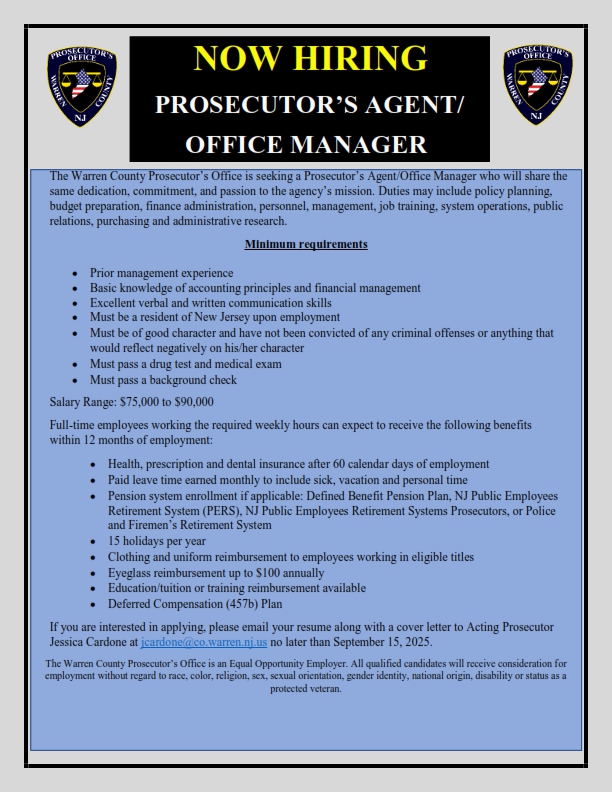 WE ARE HIRING PROSECUTOR'S AGENT/OFFICE MANAGER